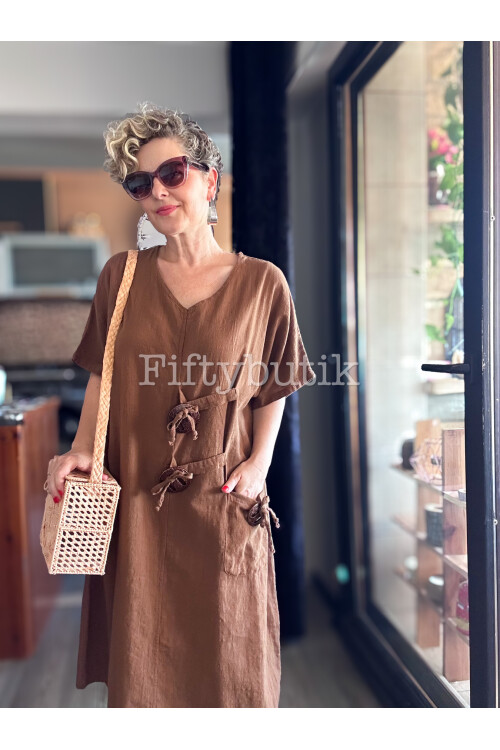 Sienta Tasarım Rustik İp Detay Elbise Kahve