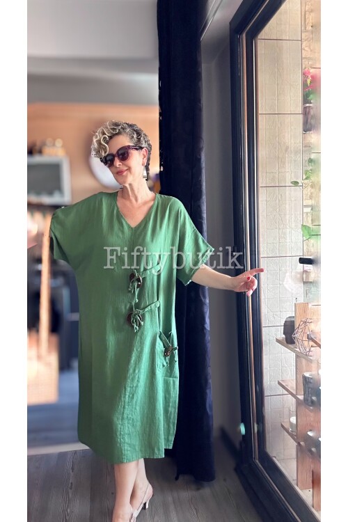 Sienta Tasarım Rustik İp Detay Elbise Yeşil