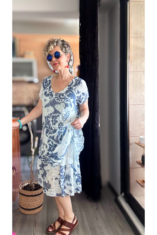 Tassi İtalyan Lotus Desenli Elbise Açık Mavi