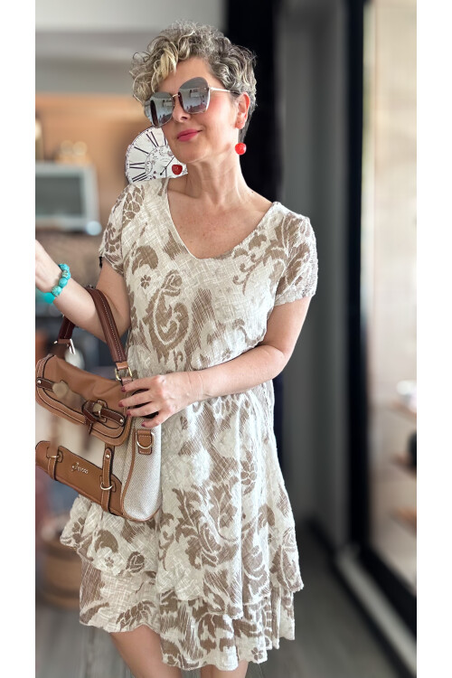 Tassi İtalyan Lotus Desenli Elbise Beige