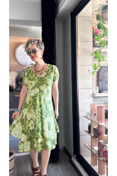 Tassi İtalyan Lotus Desenli Elbise Fıstık Yeşil