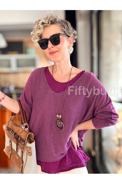 Terro İtalyan Düz Desen Kolyeli Bluz Mor