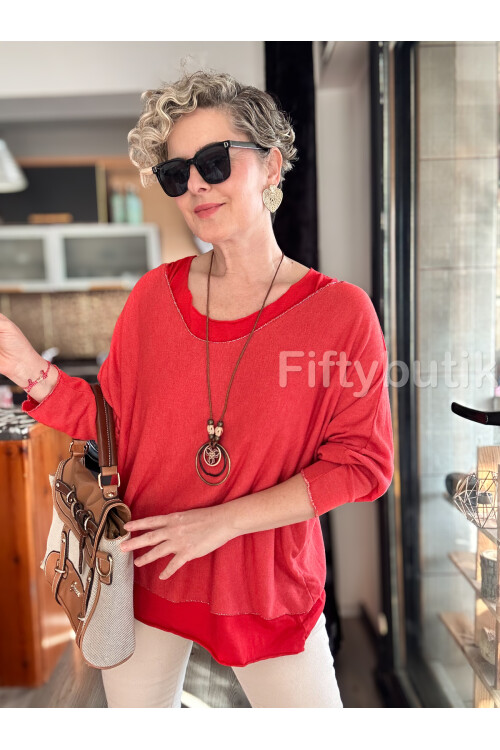 Terro İtalyan Düz Desen Kolyeli Bluz Nar Çiçeği