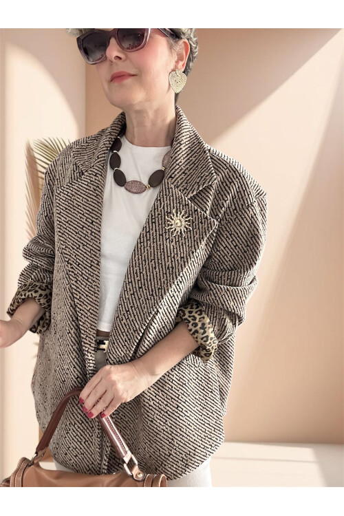 Tigre Çizgili Broşlu Leopar Astarlı Ceket Cafe Creme