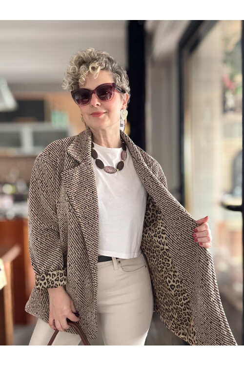 Tigre Çizgili Broşlu Leopar Astarlı Ceket Cafe Creme