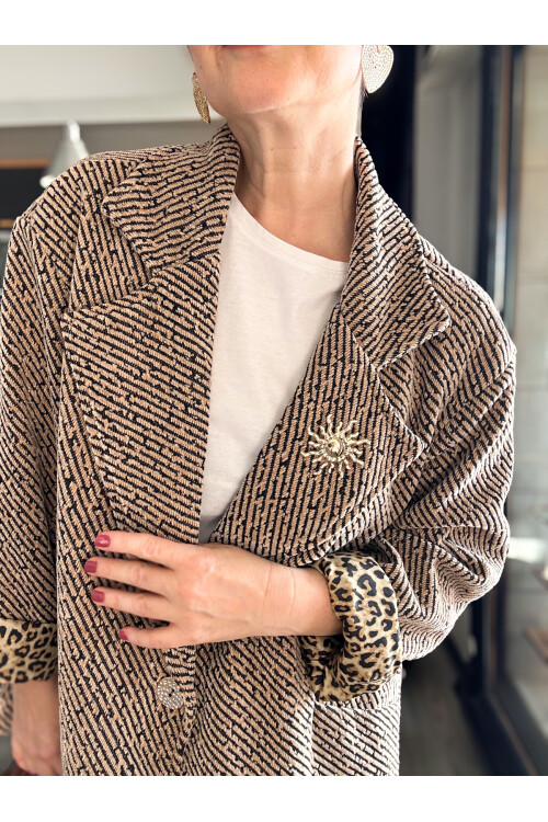 Tigre Çizgili Broşlu Leopar Astarlı Ceket Camel