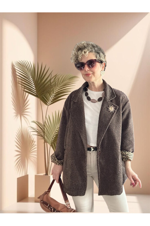 Tigre Çizgili Broşlu Leopar Astarlı Ceket Kahverengi