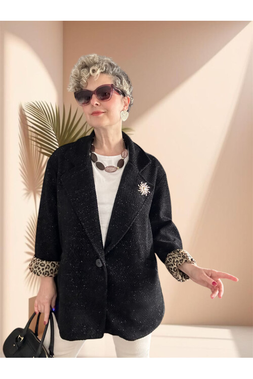 Tigre Çizgili Broşlu Leopar Astarlı Ceket Siyah