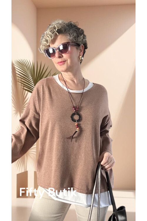 Torre Atletli Kolye Detay Triko Bluz Vizon