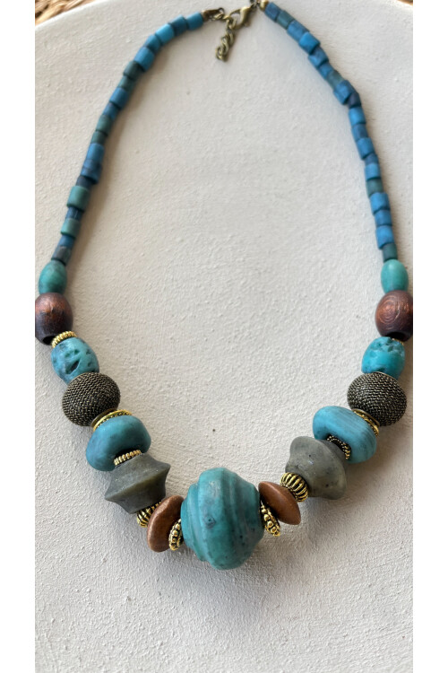 Twinkle Pirinç Cam Etnik Kolye Turkuaz