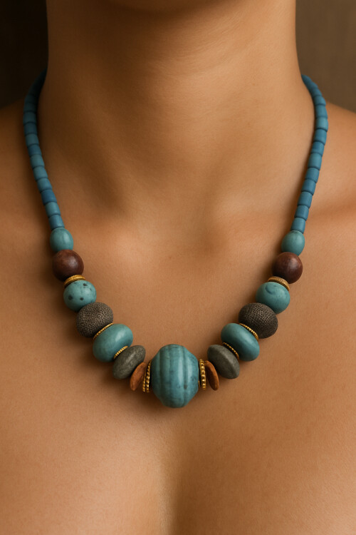 Twinkle Pirinç Cam Etnik Kolye Turkuaz