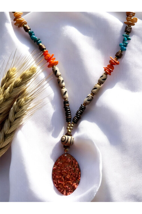 Faque Doğal Taş Pirinç Cam Etnik Kolye