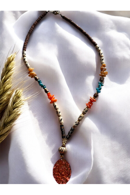 Faque Doğal Taş Pirinç Cam Etnik Kolye