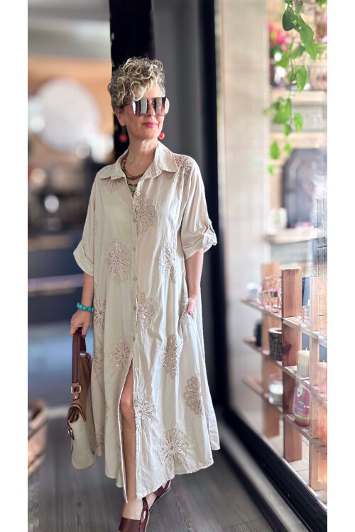 Vello İtalyan Pul Detaylı Gömlek  Elbise Kap Beige