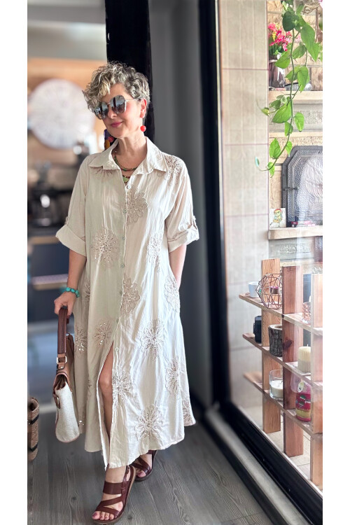 Vello İtalyan Pul Detaylı Gömlek  Elbise Kap Beige