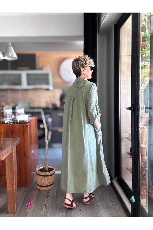 Vello İtalyan Pul Detaylı Gömlek  Elbise Kap Haki Yeşil
