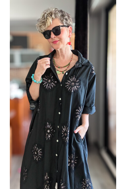 Vello İtalyan Pul Detaylı Gömlek  Elbise Kap Siyah