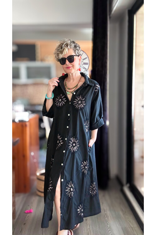 Vello İtalyan Pul Detaylı Gömlek  Elbise Kap Siyah