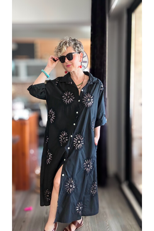 Vello İtalyan Pul Detaylı Gömlek  Elbise Kap Siyah