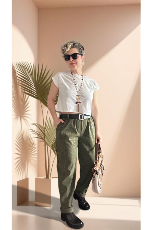 Vento İthal Leopar Desen Deri Görünüm Pantolon Haki