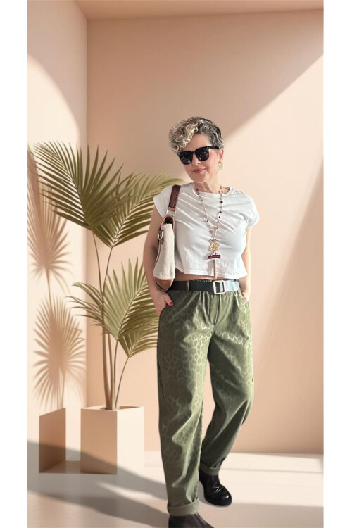 Vento İthal Leopar Desen Deri Görünüm Pantolon Haki