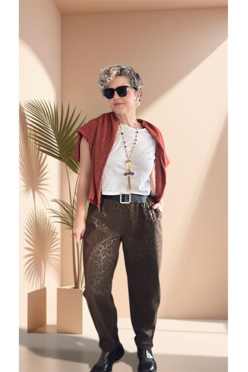 Vento İthal Leopar Desen Deri Görünüm Pantolon Kahve