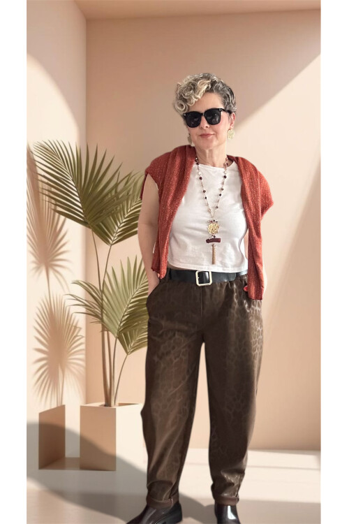 Vento İthal Leopar Desen Deri Görünüm Pantolon Kahve