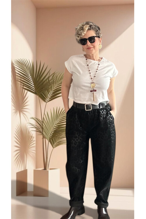 Vento İthal Leopar Desen Deri Görünüm Pantolon Siyah