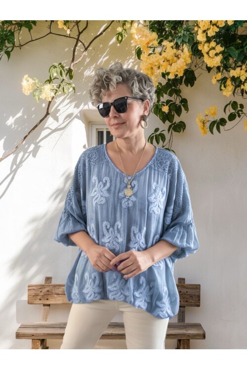 Vessa İtalyan Seri Nakışlı Premium İpek Bluz Mavi