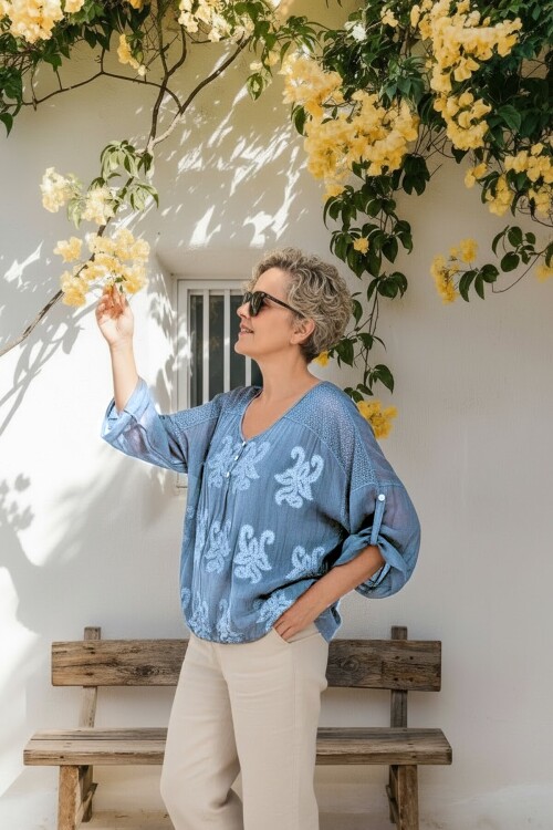 Vessa İtalyan Seri Nakışlı Premium İpek Bluz Mavi