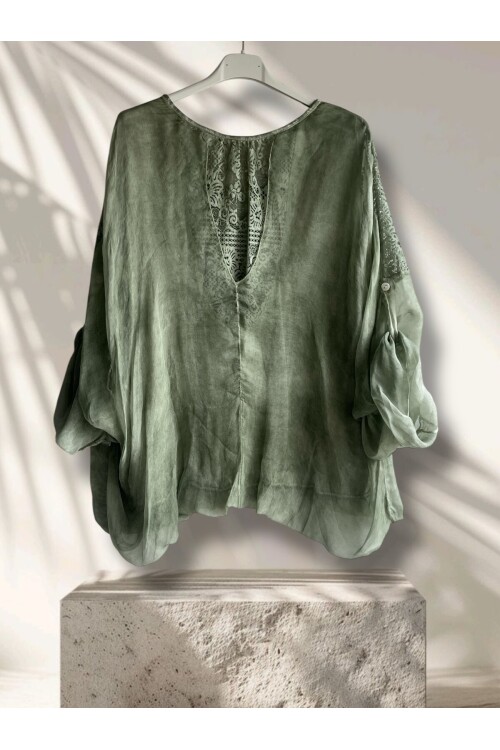 Vessa İtalyan Seri Nakışlı Premium İpek Bluz Su Yeşili