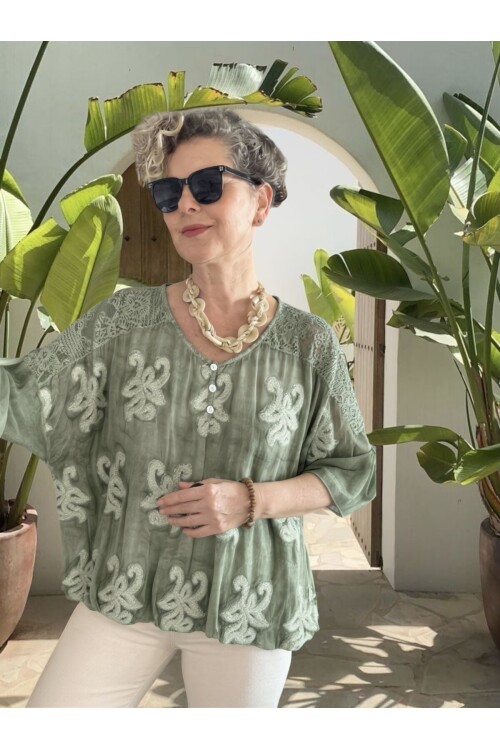 Vessa İtalyan Seri Nakışlı Premium İpek Bluz Su Yeşili