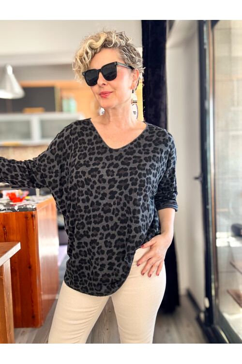 Virgin İtalyan V Yaka Desenli Triko Gri