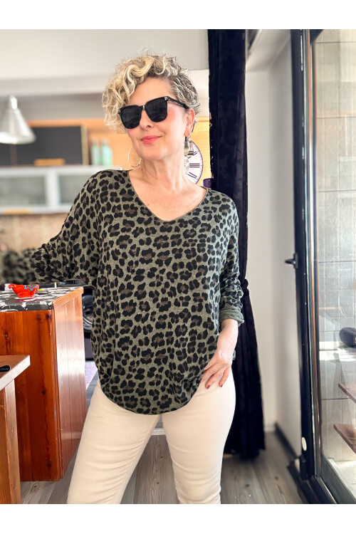 Virgin İtalyan V Yaka Desenli Triko Haki