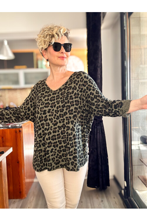 Virgin İtalyan V Yaka Desenli Triko Haki