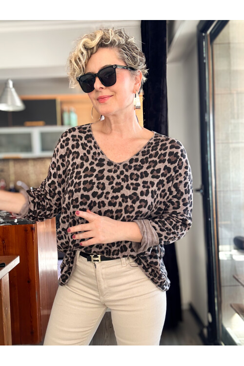 Virgin İtalyan V Yaka Desenli Triko Vizon