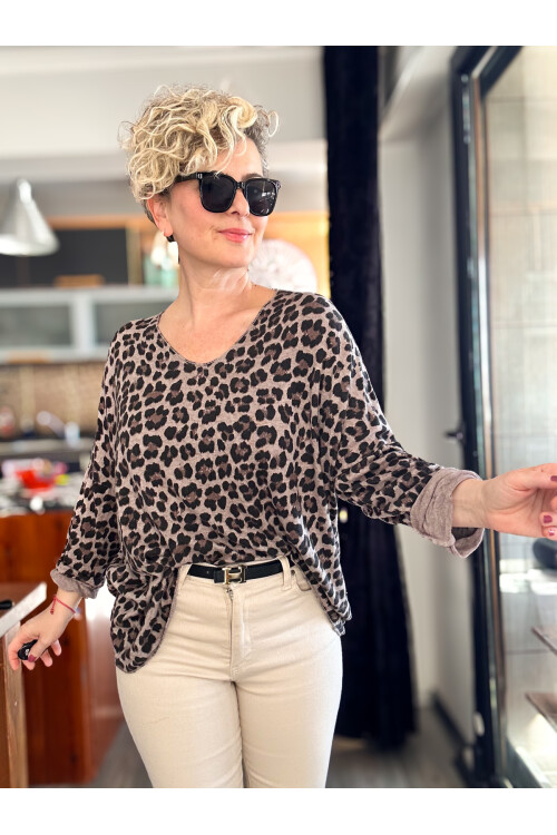 Virgin İtalyan V Yaka Desenli Triko Vizon