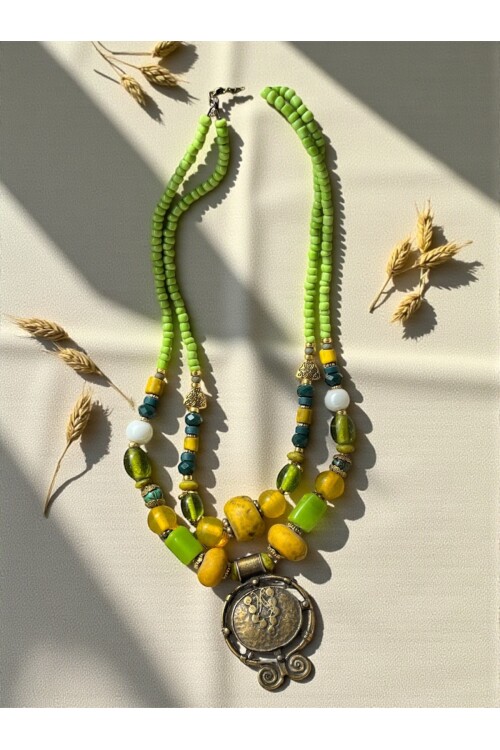 Visi Pirinç Cam Etnik Kolye