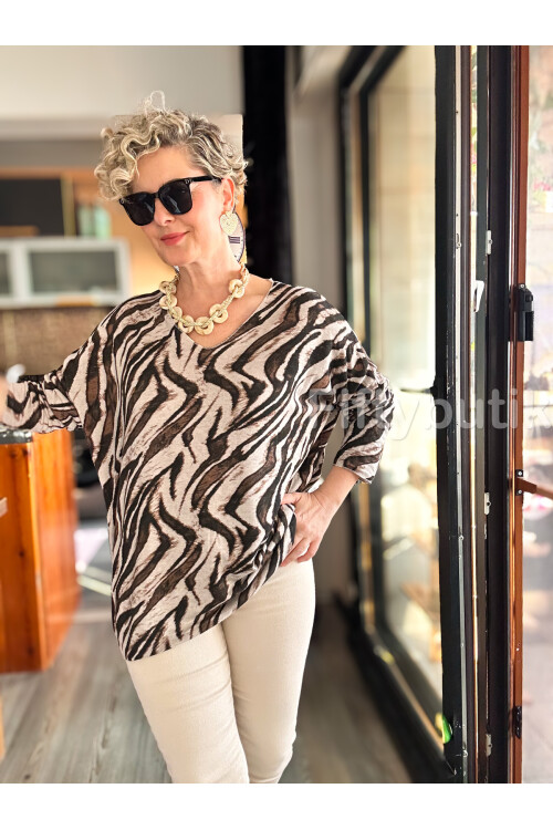 Yassa İtalyan V Yaka Zebra Desenli Triko Bej