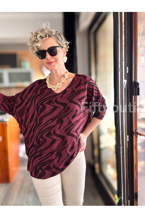 Yassa İtalyan V Yaka Zebra Desenli Triko Bordo