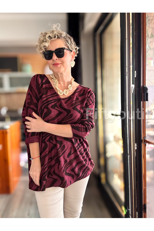 Yassa İtalyan V Yaka Zebra Desenli Triko Bordo