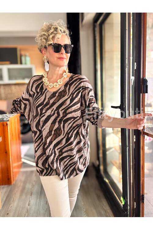 Yassa İtalyan V Yaka Zebra Desenli Triko Vizon