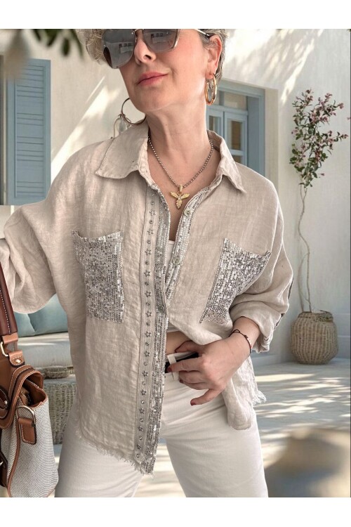 Afro  İtalyan Vip Pul Payet Detay Gömlek Ceket Beige