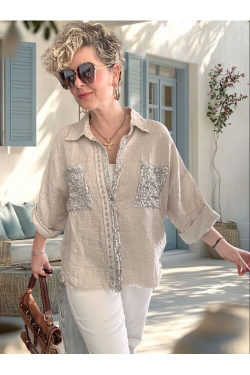 Afro  İtalyan Vip Pul Payet Detay Gömlek Ceket Beige