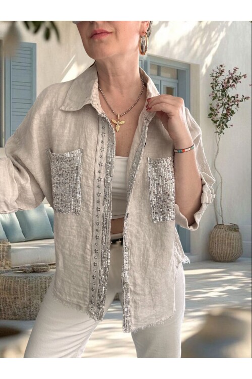 Afro  İtalyan Vip Pul Payet Detay Gömlek Ceket Beige