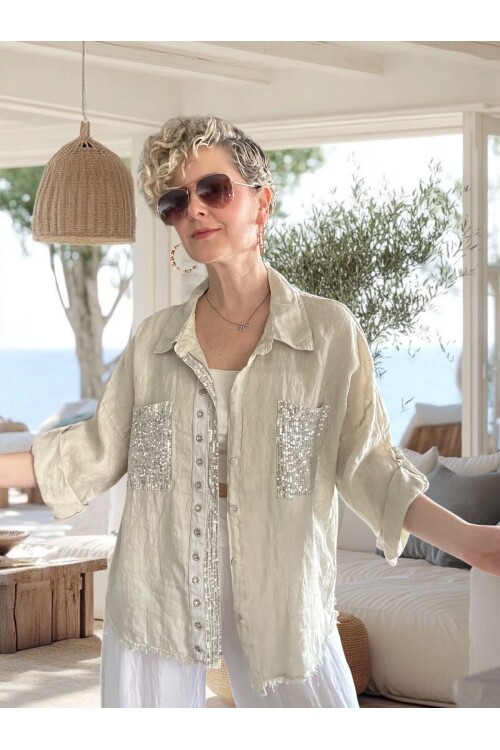 Afro  İtalyan Vip Pul Payet Detay Gömlek Ceket Beige