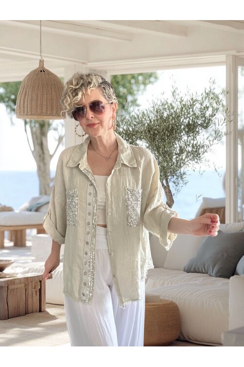 Afro  İtalyan Vip Pul Payet Detay Gömlek Ceket Beige