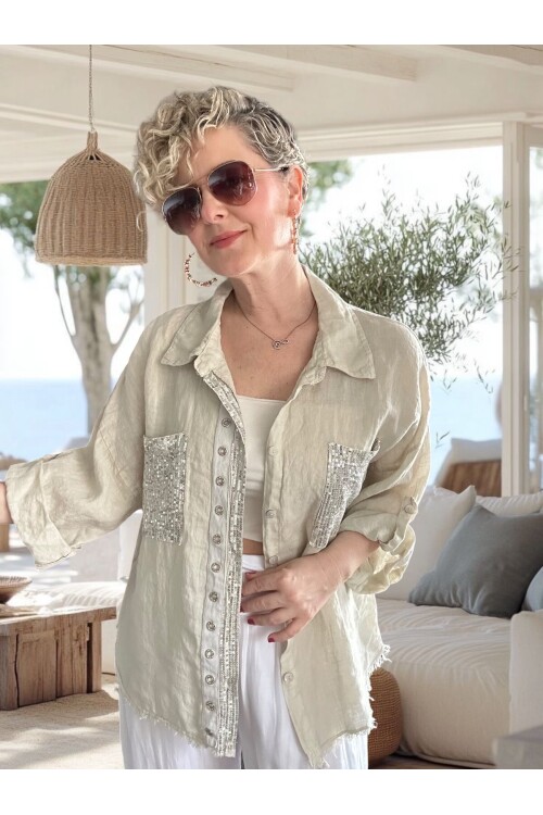 Afro  İtalyan Vip Pul Payet Detay Gömlek Ceket Beige