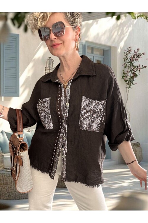 Afro  İtalyan Vip Pul Payet Detay Gömlek Ceket Kahve