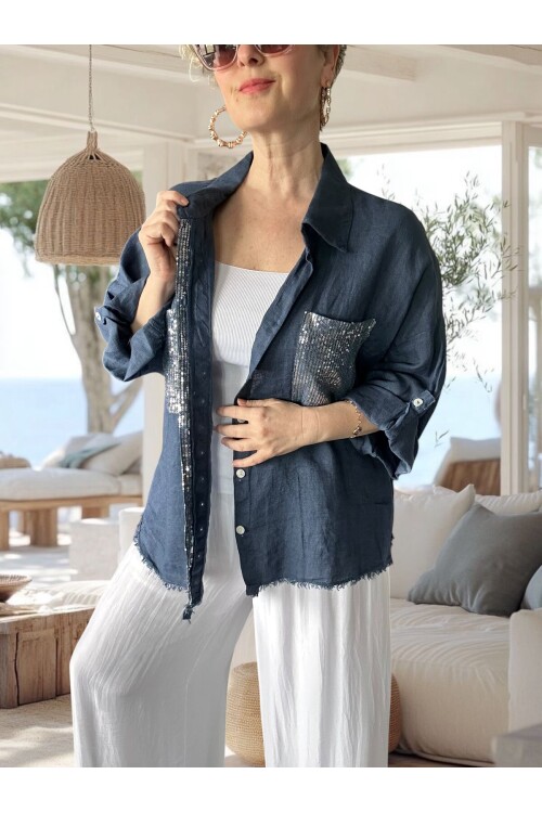 Afro  İtalyan Vip Pul Payet Detay Gömlek Ceket Lacivert